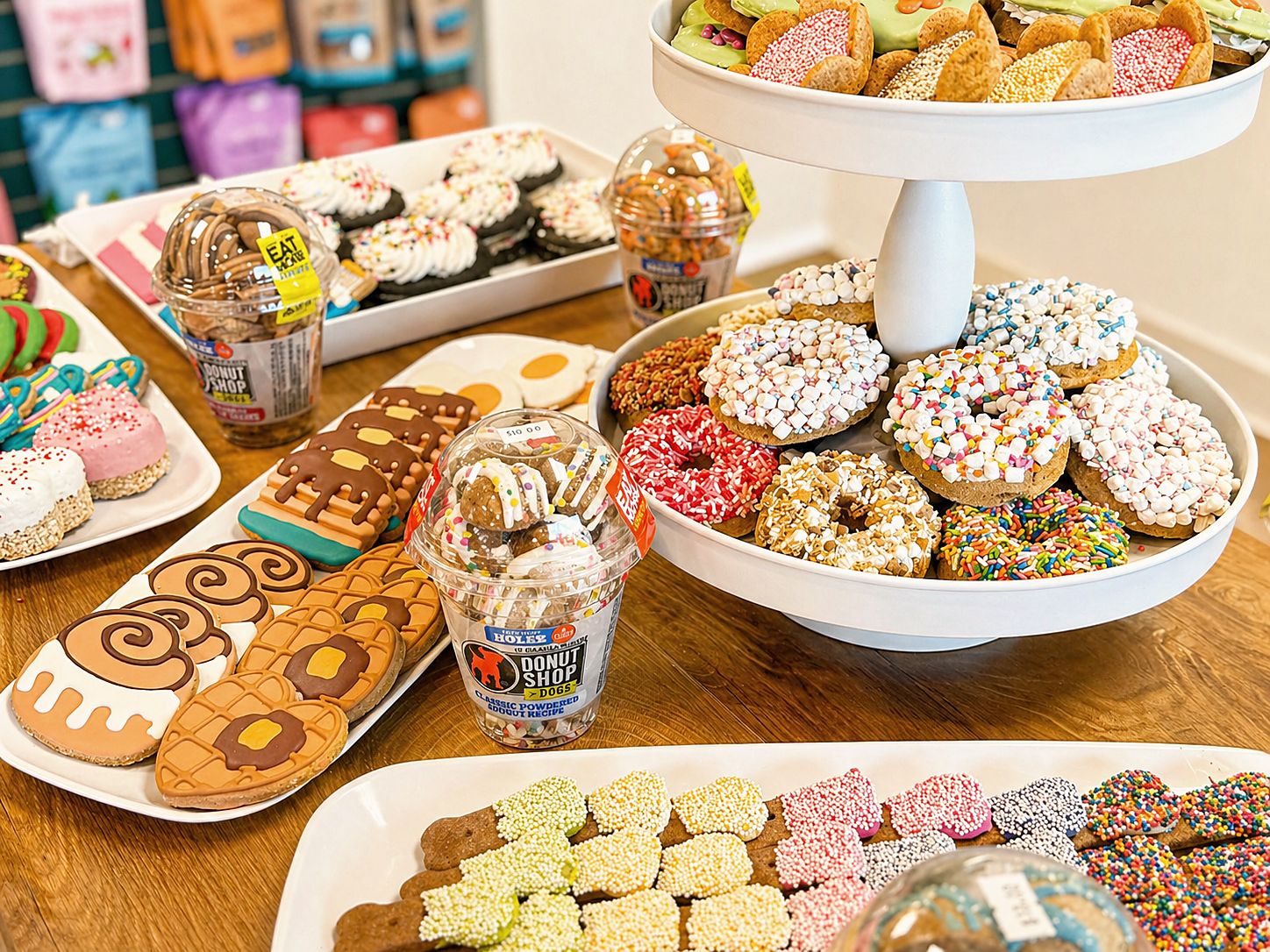 Dog-friendly donuts, cookies and treat cups on the PawSnickety Commerce Township treat bar