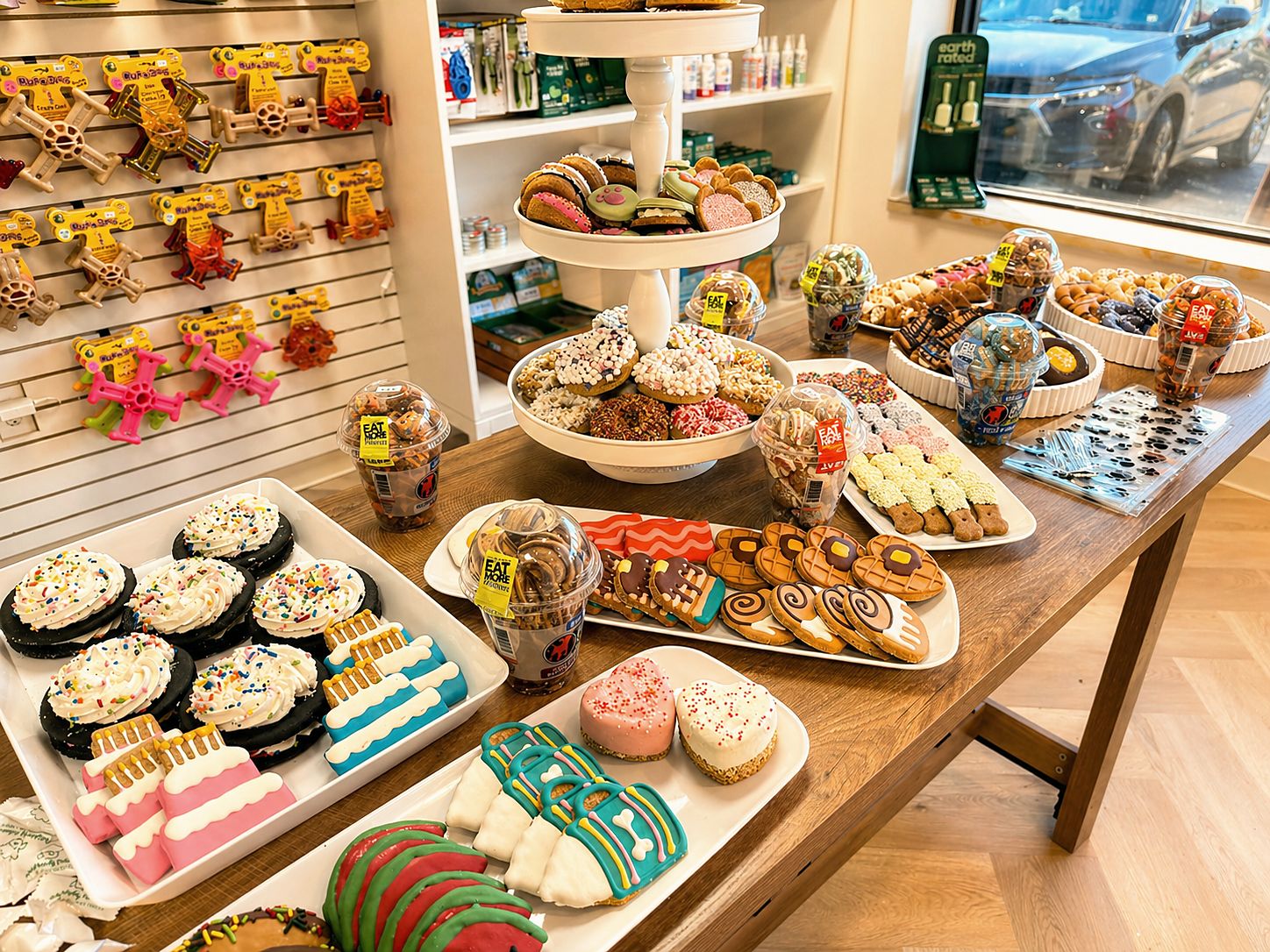 Birthday cookies, cupcakes and treat cups by the front window at PawSnickety Commerce Township
