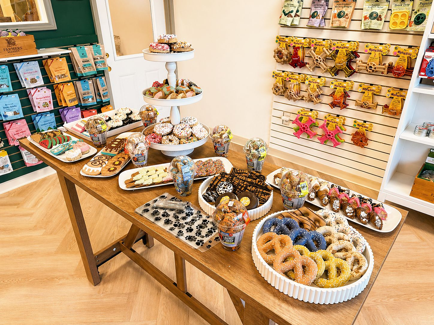 The treat bar at PawSnickety Commerce Township, filled with dog-friendly donuts and cookies