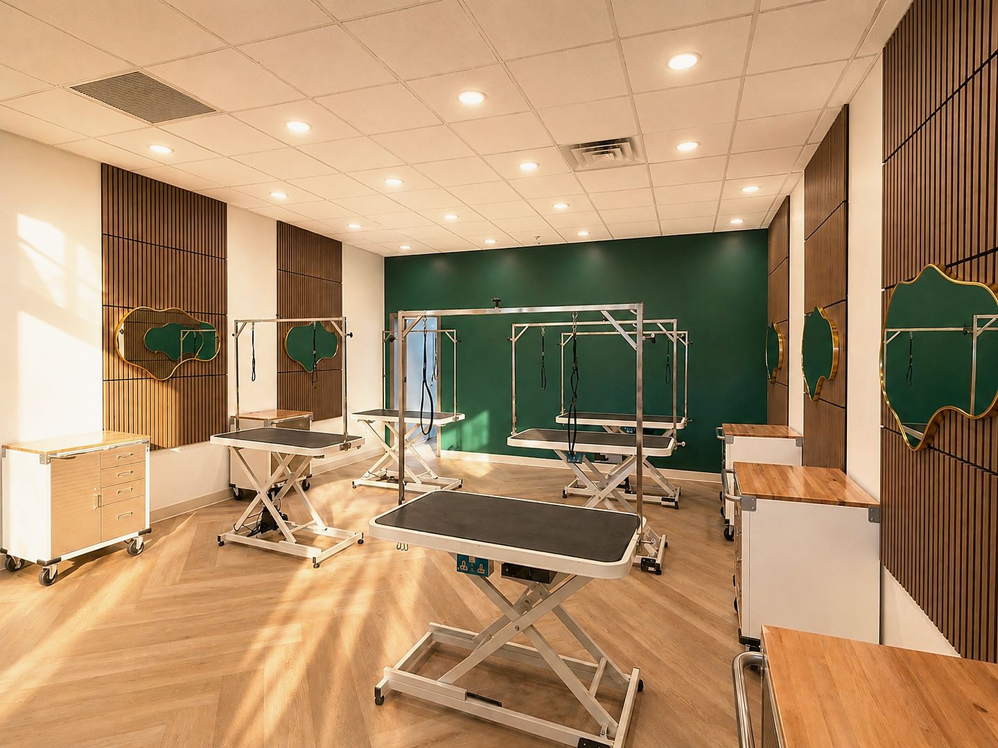 A PawSnickety grooming room with wood acoustic panels, gold-framed mirrors and grooming tables