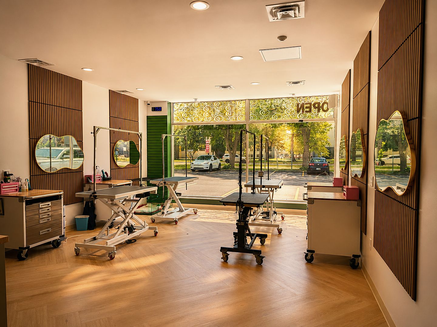 Grooming room lit by large front windows